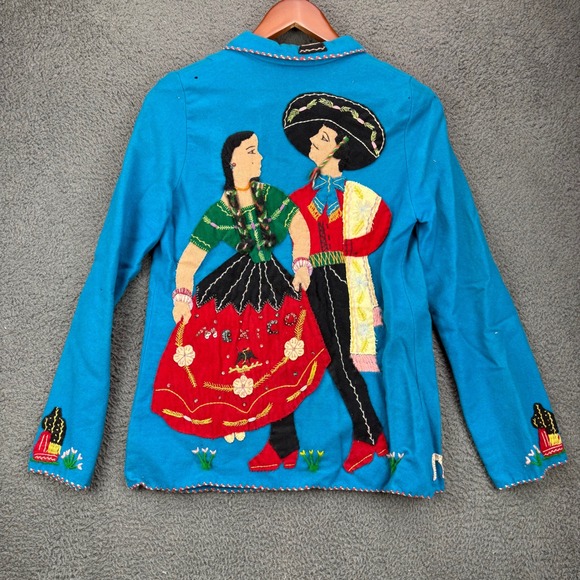 Vintage Lopez Mexican Souvenir Jacket Blue Wool Hand Embroidered Medium Womens - Picture 6 of 7